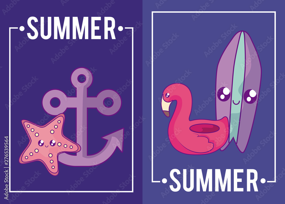 Sticker summer label with anchor and icons kawaii