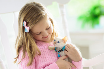 Child playing with baby cat. Kid and kitten.