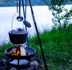 Cooking on the fire soup in nature.