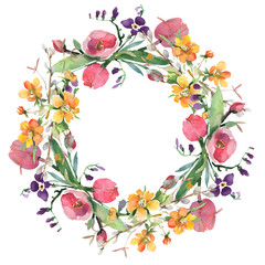 Bouquet floral botanical flowers. Watercolor background illustration set. Frame border ornament square.