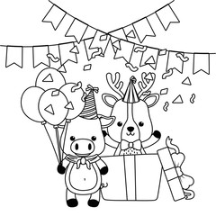 Animals cartoons with happy birthday icon design