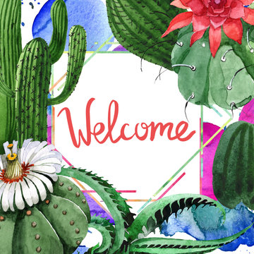 Green cactus floral botanical flower. Watercolor background illustration set. Frame border ornament square.