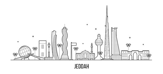Jeddah skyline Saudi Arabia city vector linear art © TheMountBirdStudio