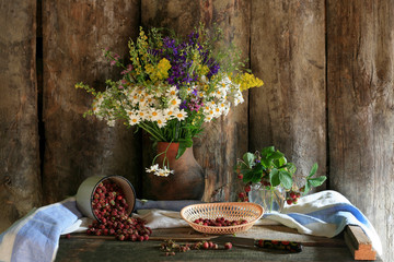 Meadow strawberry with meadow flowers