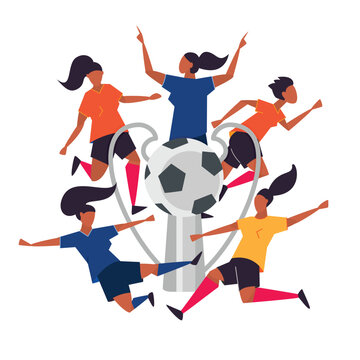 Championship cup. Woman soccer players. Football vector illustration.