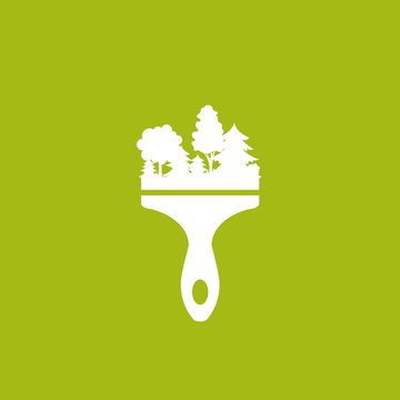 White brush with forest. Flat icon isolated on green background. Vector illustration. ecology, eco friendly concept.