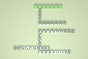 Savings, finance keyword crossword. For web page, graphic design, texture or background. 3D rendering.