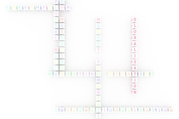 Globalization, marketing keyword crossword. For web page, graphic design, texture or background. 3D rendering.