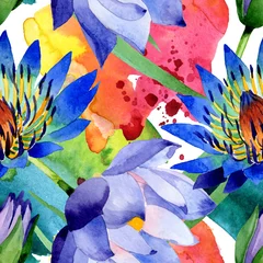 Fotobehang Lotusbloem Blue lotus floral botanical flowers. Watercolor background illustration set. Seamless background pattern.  © LIGHTFIELD STUDIOS