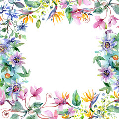 Bouquet floral botanical flowers. Watercolor background illustration set. Frame border ornament square.