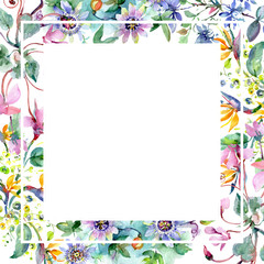 Bouquet floral botanical flowers. Watercolor background illustration set. Frame border ornament square.