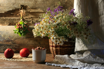 Meadow strawberry with peaches and meadow flowers