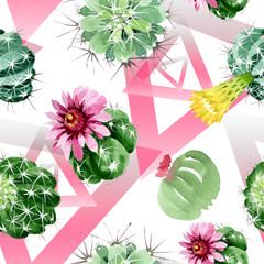 Obraz premium Green cactus floral botanical flowers. Watercolor background illustration set. Seamless background pattern.