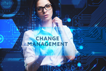 The concept of business, technology, the Internet and the network. A young entrepreneur working on a virtual screen of the future and sees the inscription: Change management