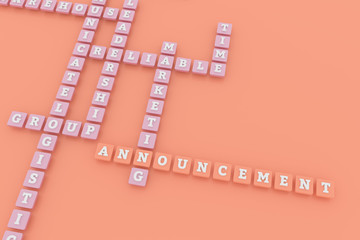 Announcement, business keyword crossword. For web page, graphic design, texture or background. 3D rendering.