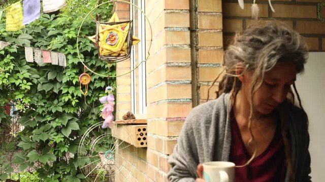 portrait of adult caucasian woman with long dreads holding cup of tea sitting outside near the house with beautiful colored fiery cat free lifestyle summertime home rest dreads braids summer exterior