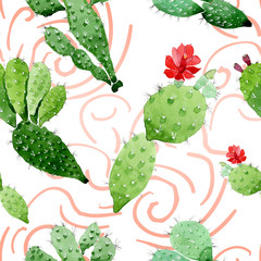 Green cactus floral botanical flowers. Watercolor background illustration set. Seamless background pattern.