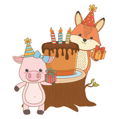 Animals cartoons with happy birthday cake design