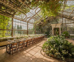 Huge greenhouse for exotic plants rented for the wedding ceremony decorated in the Art Nouveau style