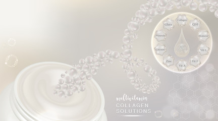 Beauty product ad design, white cosmetic container close up with multivitamins collagen solution concept advertising background ready to use, luxury skin care banner, illustration vector.