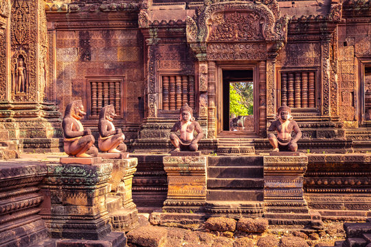 Karuda Bird Gardians Carvings at Banteay Srei Red Sandstone Temple, Cambodia