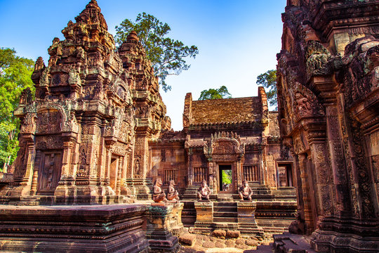 Karuda Bird Gardians Carvings at Banteay Srei Red Sandstone Temple, Cambodia