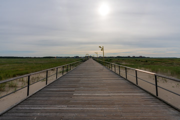 Obraz premium Langer Holzsteg mit Sanddünen zum Meer