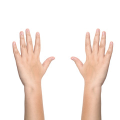 Right and left hands calling for help on white background