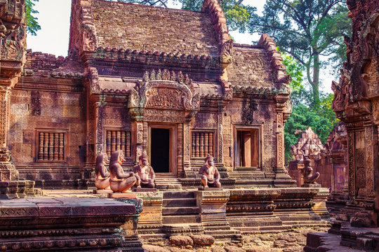 Karuda Bird Gardians Carvings at Banteay Srei Red Sandstone Temple, Cambodia