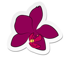 Vector illustration, sticker of purple orchid flower in flat cartoon style isolated on white background