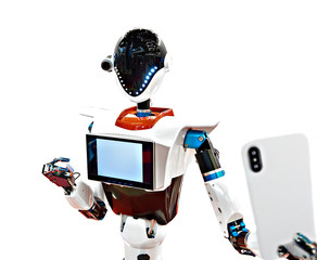 Android robot makes selfie isolated white