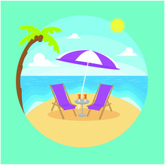 illustration of beach with umbrella with chairs