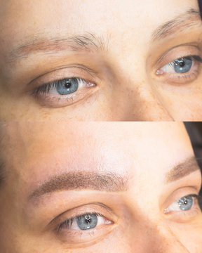 female eyebrows before and after the procedure of permanent tattoo makeup of eyebrows. microblending, powder eyebrow concept
