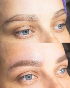 female eyebrows before and after the procedure of permanent tattoo makeup of eyebrows. microblending, powder eyebrow concept