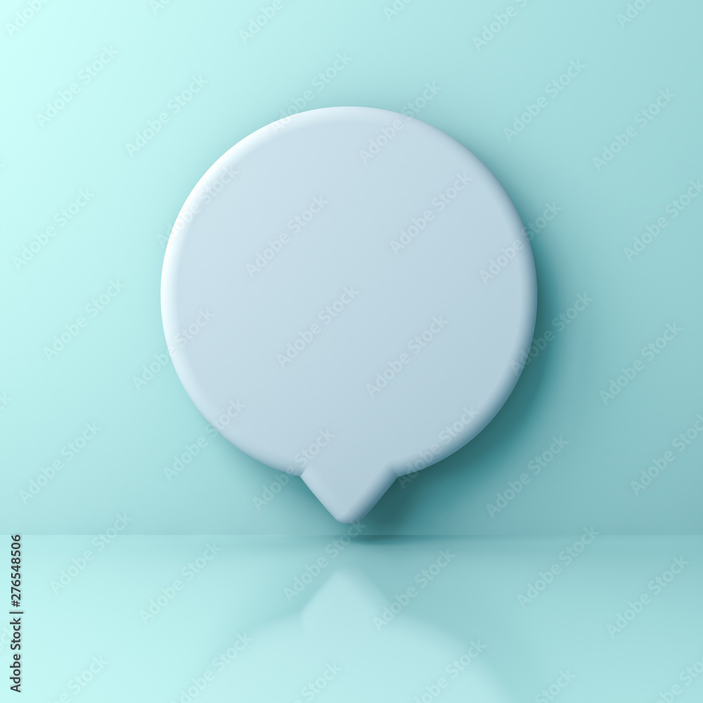 Poster blank white round social media notification or speech bubble sign pin isolated on light green blue p