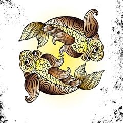 Beautiful line art filigree zodiac s sign on vintage background. Elegant jewelry tattoo.For printing Removable Temporary Tattoo Sticker Body Art Multicolor. Pisces. Line art vintage tattooo
