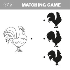 Cartoon rooster. Find the correct shadow. Educational game for children. Cartoon vector illustration.