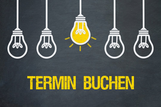 Termin buchen / Tafel mit Gl&uuml;hbirnen