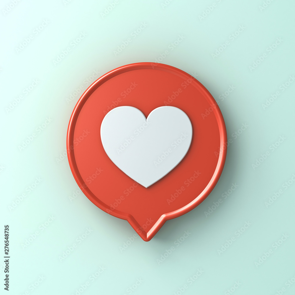 Poster 3d social media notification love like heart icon in red round pin isolated on light green blue past