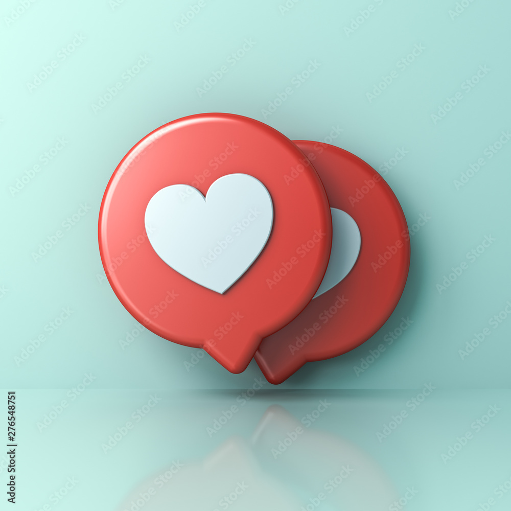 Aufkleber 3d social media notification love like heart icons on red round sign pins isolated on light green bl