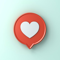 3d social media notification love like heart icon in red round pin isolated on light green blue pastel color wall background with shadow 3D rendering