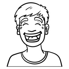 Vector comic drawing of a young boy who is very happy. black, white, outline, doodle, sketch, ink, tears, laugh.