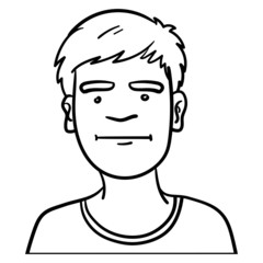 Vector comic drawing of a boy's head which is neutral. black, white, outline, doodle, sketch, ink.