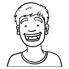Vector comic drawing of a boy's head that is happy. black, white, outline, doodle, sketch, ink, laugh.