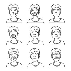 Vector cartoon collection of a boy with different facial expressions. angry, neutral, disgusted, ill, joyful, sad, worried, laughing, tears, laughing, kissing, in love. outline drawing.