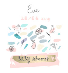 Hand drawn abstract pastel baby shower card with brush confetti, floral and bunny doodles in childish style. Delicate print for invitations, greeting cards, party, postcards, apparel design, nursery