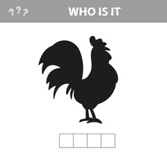 Fototapeta na wymiar Who is it - shadow image. Educational games for kids. Cartoon rooster. Educational game for children