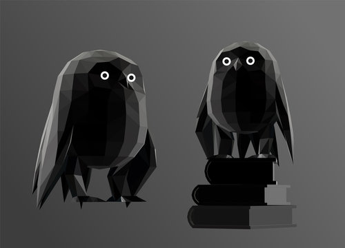 Owl in Black and White. Dark Set of Owls. Low Poly Vector Greyscale Silhouette 3D Rendering