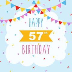 Happy 57th birthday, vector illustration greeting card with confetti and garlands decorations