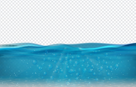 Realistic sea underwater scene with transparent wave. Ocean scene banner with horizontal water surface